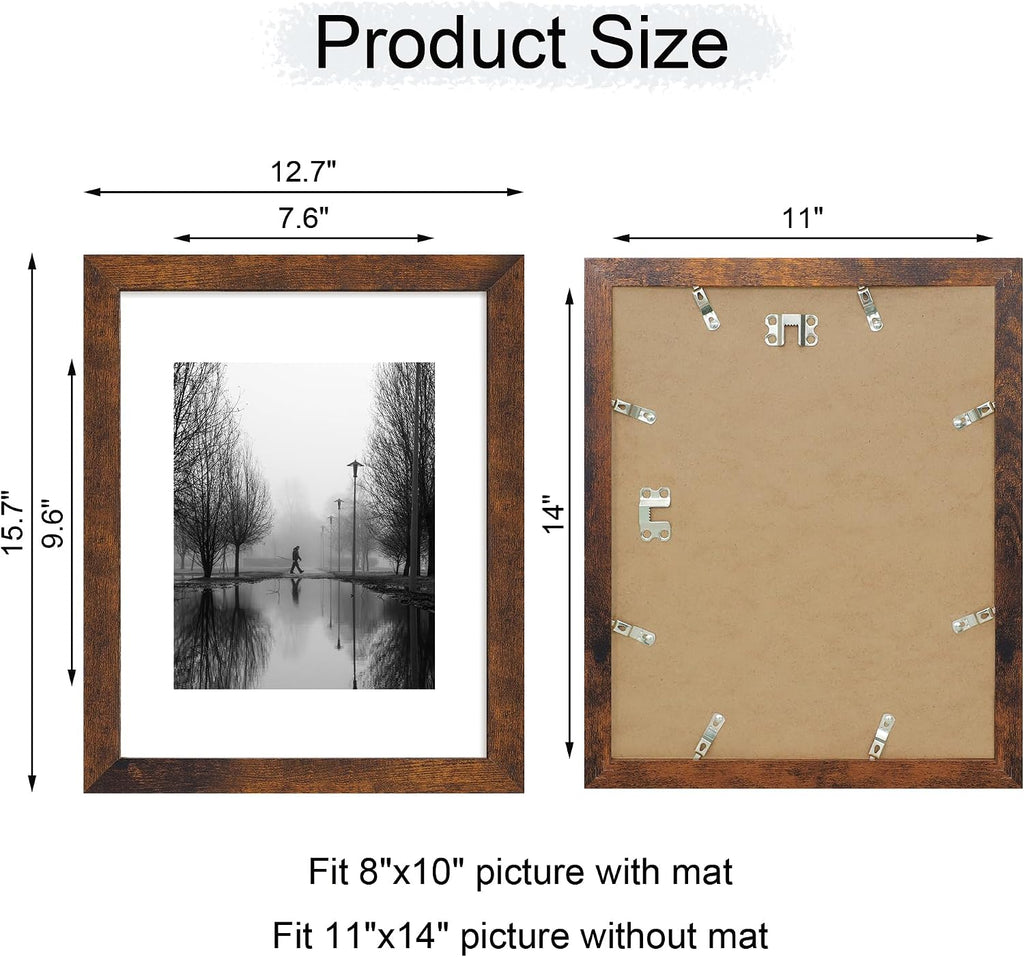 11x14 Picture Frame Set of 4 with Tempered Glass, Rustic Frame Display 8x10 Pictures with Mat or 11 x 14 Without Mat