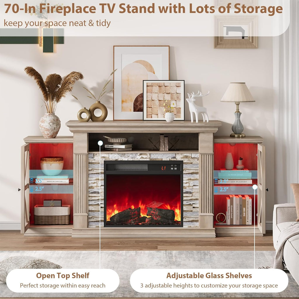QUW Electric Fireplace TV Stand, 70" Farmhouse Entertainment Center with Open Shelf and Glass Barn Door Cabniet