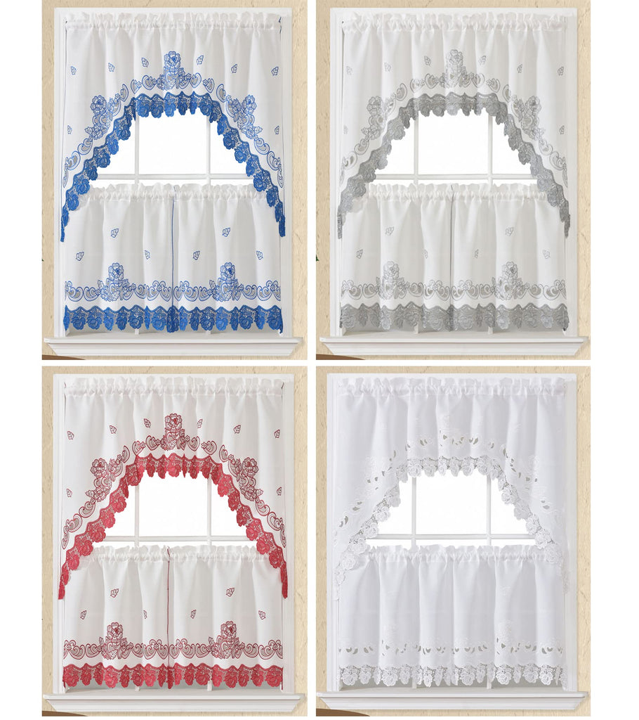 Lace Rosarium Kitchen Curtains, 3PCS Kitchen Curtains and Valances Set, Elegant White Fabric with Rose Embroidery and