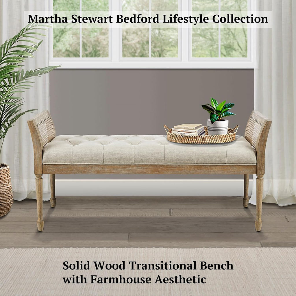 Isla Entryway Accent Bench Bedford Collection, Tufted Seat, Cane Side Frames, Farmhouse Bed End Bench , Indoor