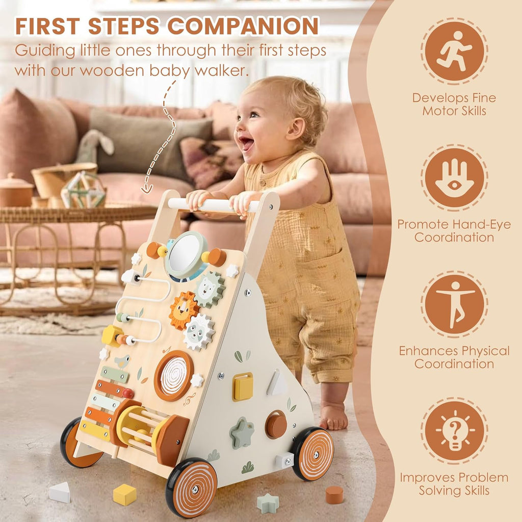 Wooden Baby Walker, Baby Push Walker with Activity Center for Girls Boys, Montessori Push Walker Toys for Babies