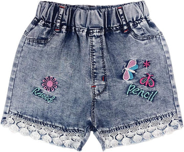 Little&Big Girls Summer Denim Shorts Elastic Waistband Flower Ripped Jeans