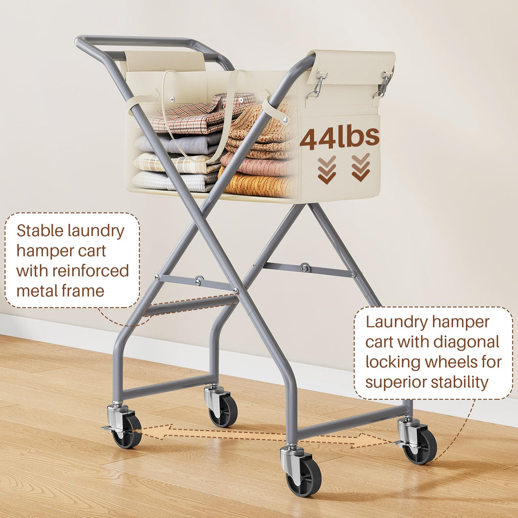 No-Bend Laundry Cart Rolling Hamper with Locking Wheels & Handle, Foldable Basket Screw-Free Assembly, Durable Metal