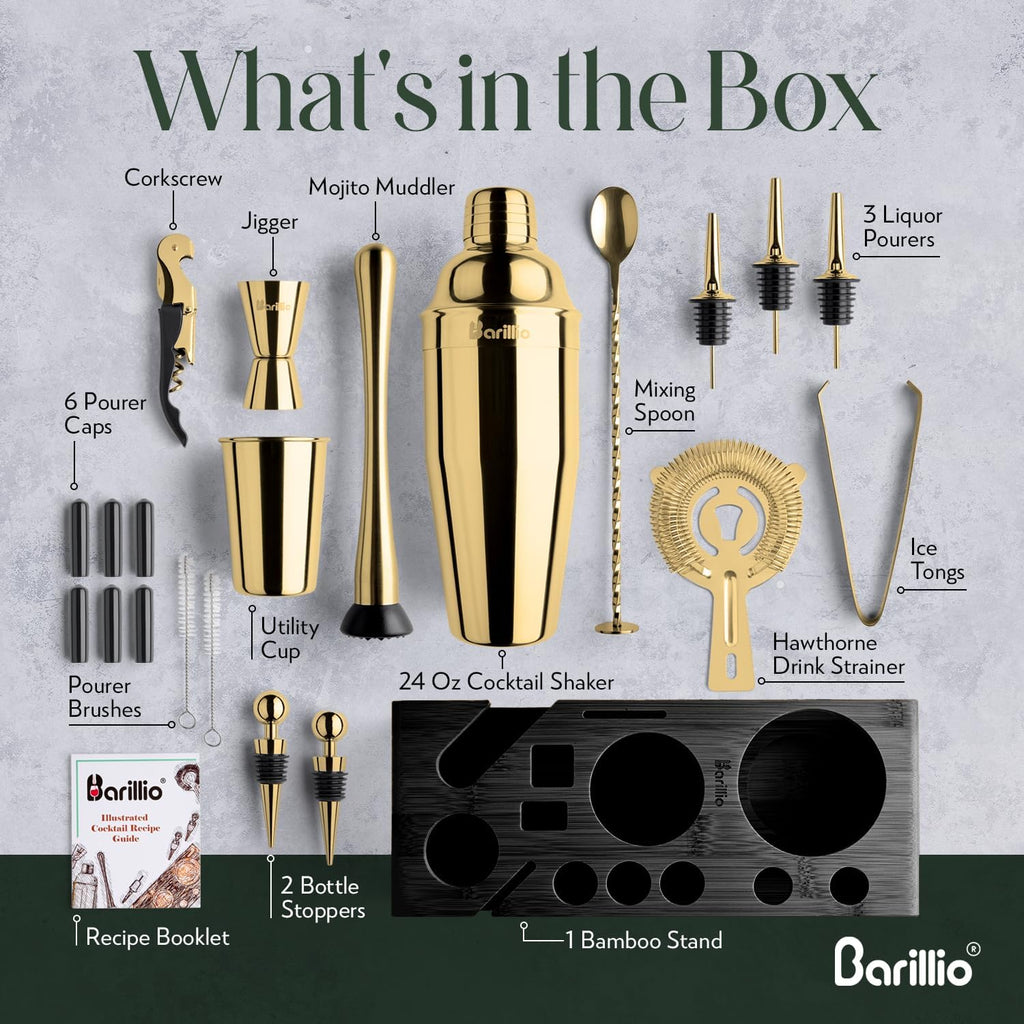 Gold Bartender Kit - Stainless-Steel Cocktail Shaker Set w/Black Bamboo Stand - Mixology Bar Tools w/Drink Shaker