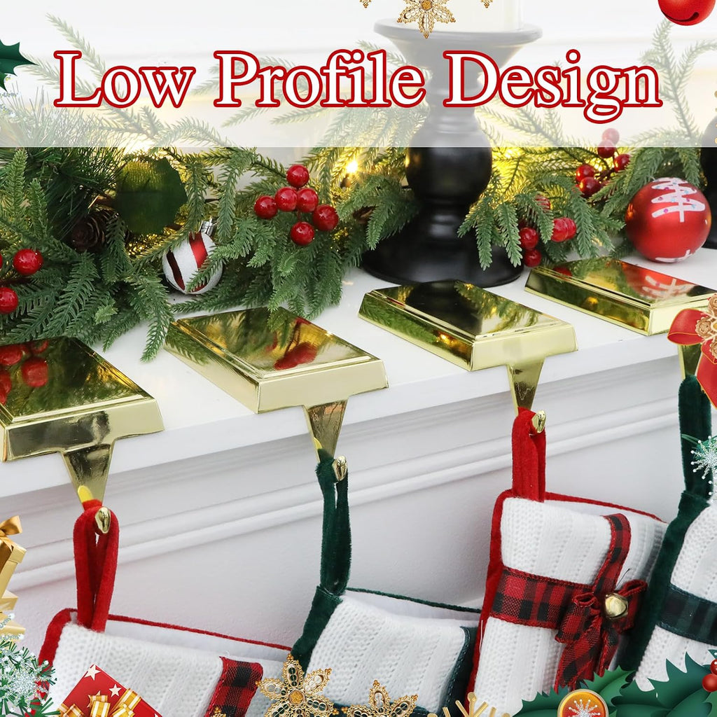 4-Pack Christmas Stocking Holders for Mantel, Weighted Metal Hooks, Gold