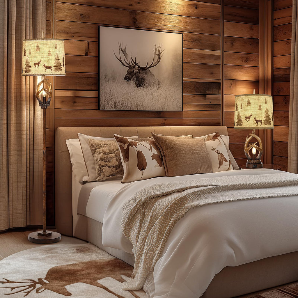 Rustic Antlers Floor Lamp with Night Light, Brown Finish