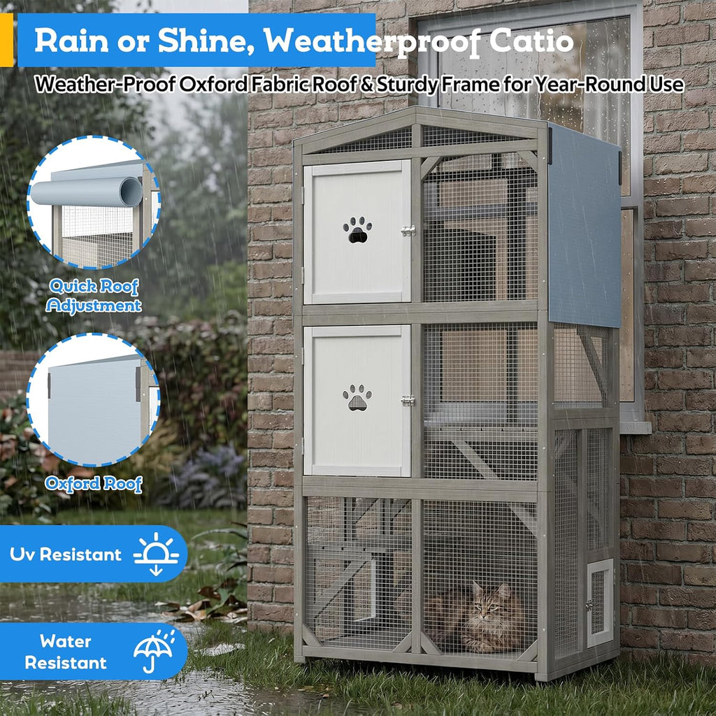 66.2" Catio Outdoor Cat Enclosure with Wheels & Window Access, Portable Large Wooden Cat Catio Cage for Balcony