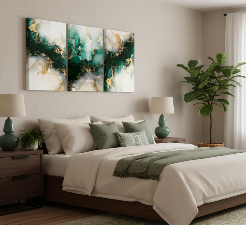 3 Piecs Emerald Green and Gold Canvas Wall Art 12x16in