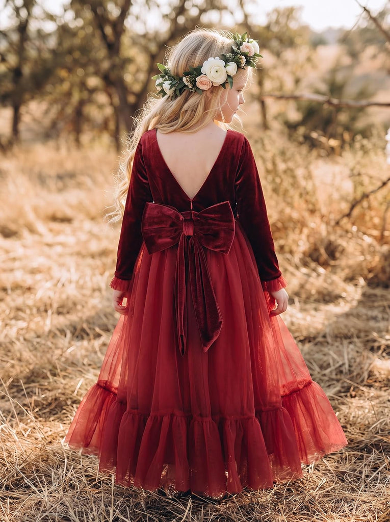 Velvet Fall Winter Dress Backless Flower Girl Dress Formal Wedding Party Prom Christmas Maxi Gown