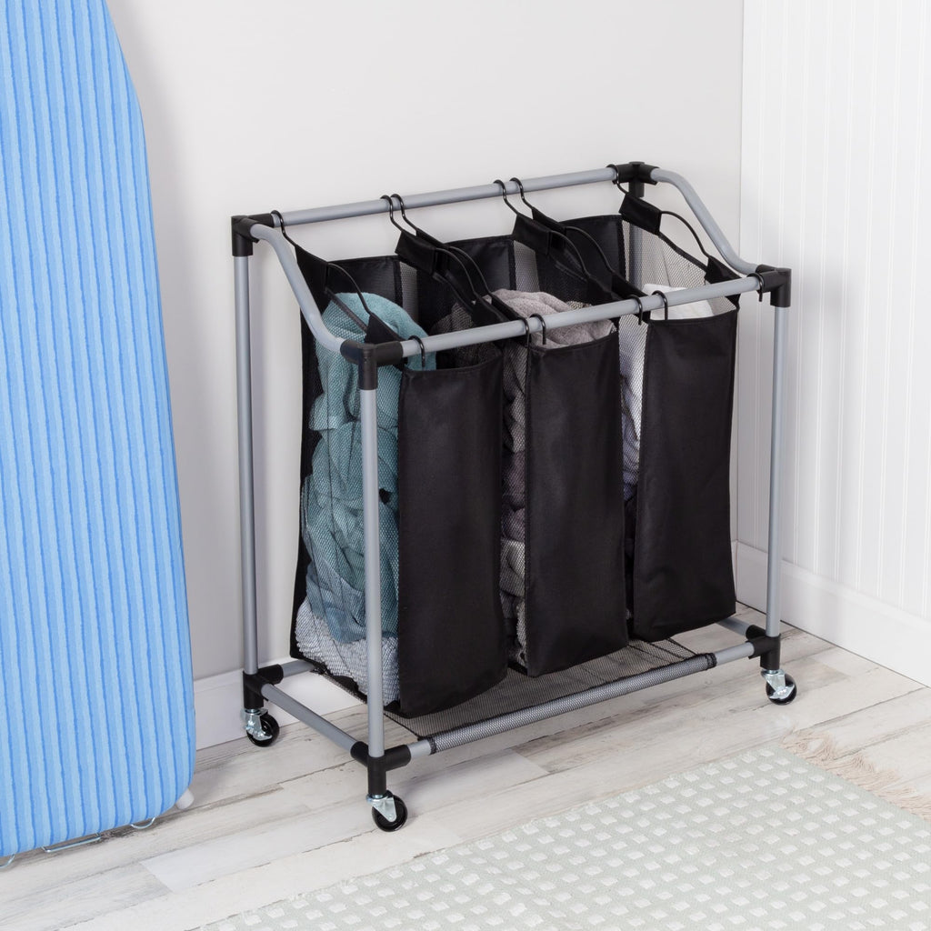 Triple Laundry Sorter with Mesh 3 Bags, Steel/Black, 30.75" x 15" x 32.75"
