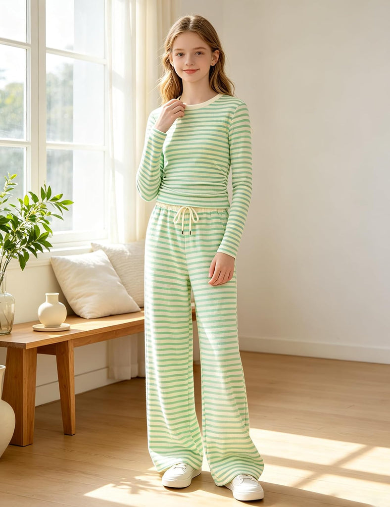 Girls Clothes 2 Piece Crew Neck Fitted Ruched Top High Waist Wide Leg Pants Fall Winter Girls Outfits
