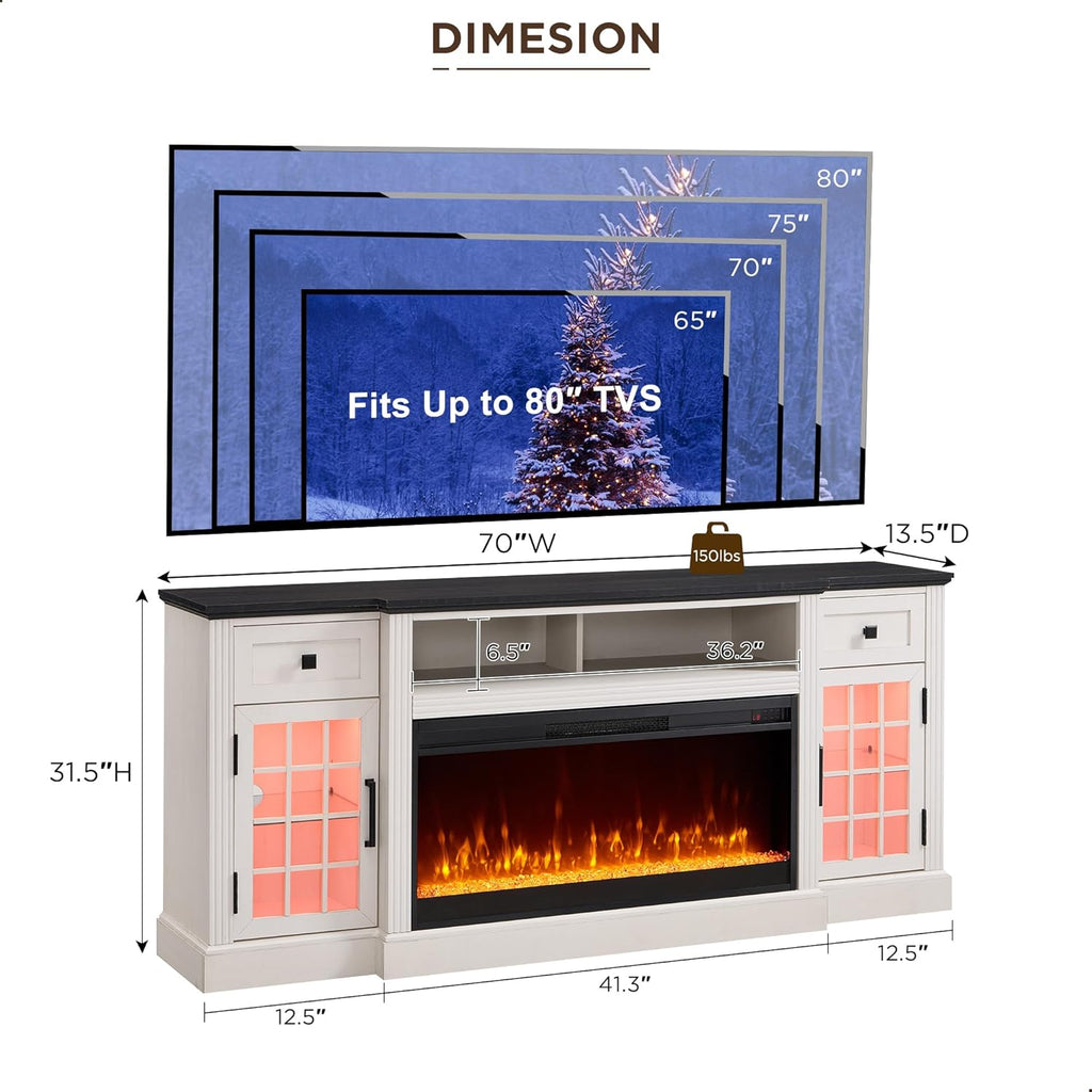 Fireplace TV Stand for 80 Inch TV, Farmhouse Highboy Entertainment Center w/LED Lights & 36" Electric Fireplace, Large Media Console w/Glass Door Cabinet & Storage Drawer, White A132-B0DDQ2KNLS