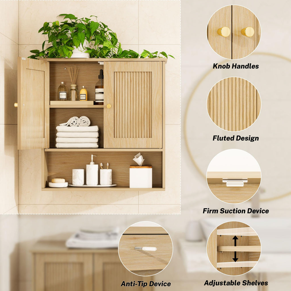 Bathroom Cabinet Wall Mount, Fluted Medicine Cabinet, Natural