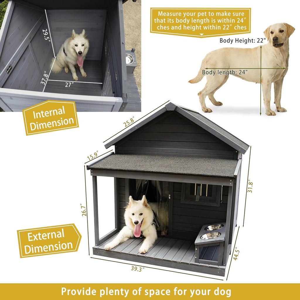 Wooden Outdoor Large Dog House with Balcony and Asphalt roof - Outdoor Insulated with Windproof Curtain, Food Bowl