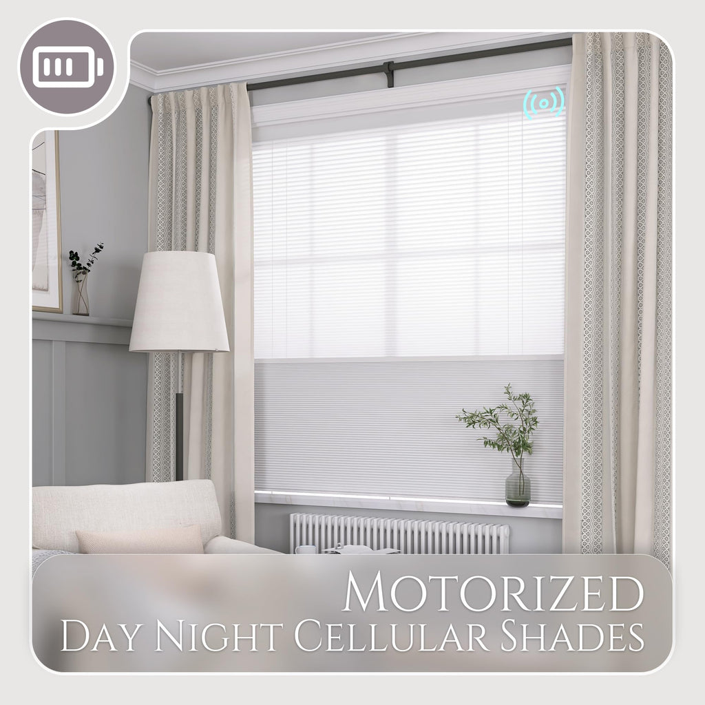 Motorized Day Night Cellular Shades, Smart Electric Double Honeycomb Blinds with Remote, Blackout and Light Filtering