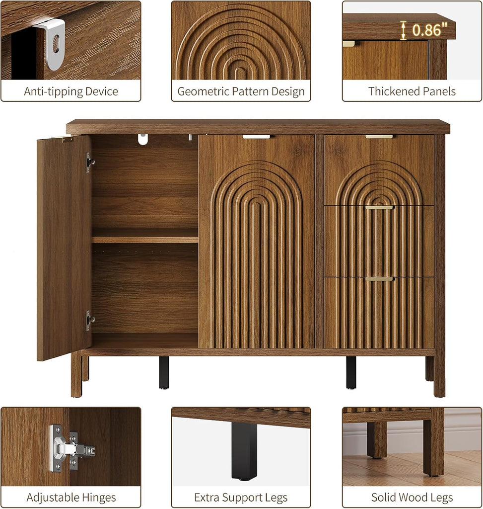 Sideboard Buffet Cabinet with Storage - Fluted Accent Coffee Bar Cabinets Kitchen Credenza with Drawers & Doors, Wood