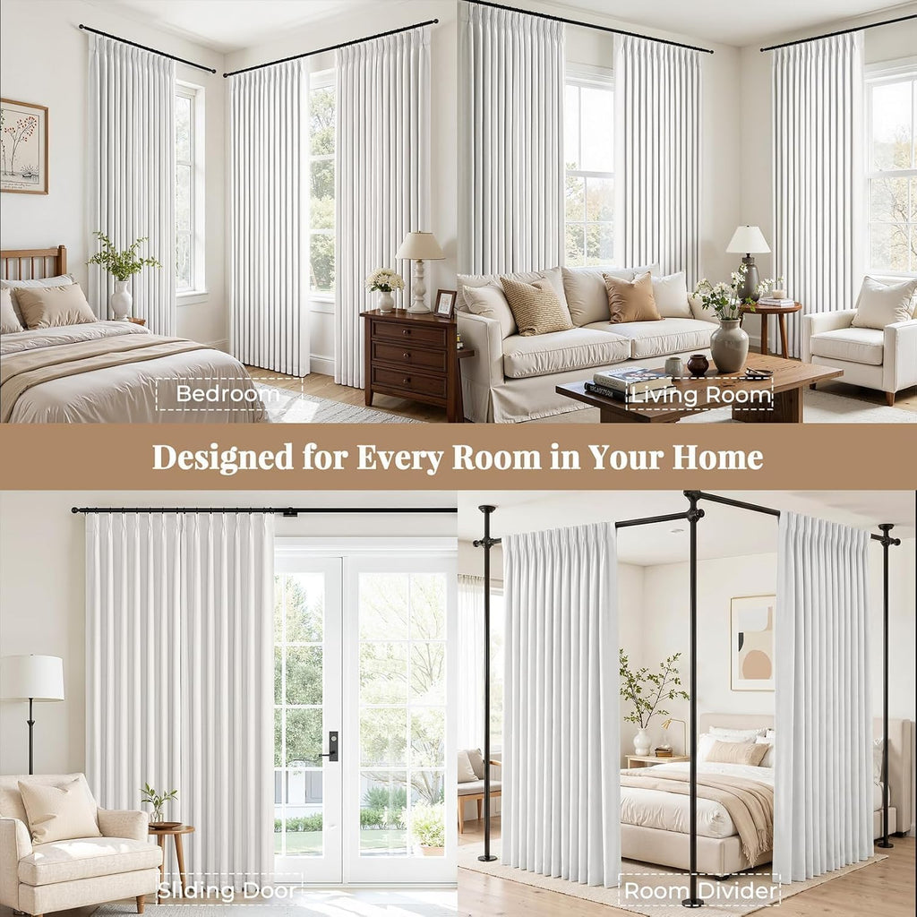 96 Inch Pinch Pleated Blackout Curtains Double Layer, Natural Beige Linen Blend 100% Blackout Sliding Door Panels