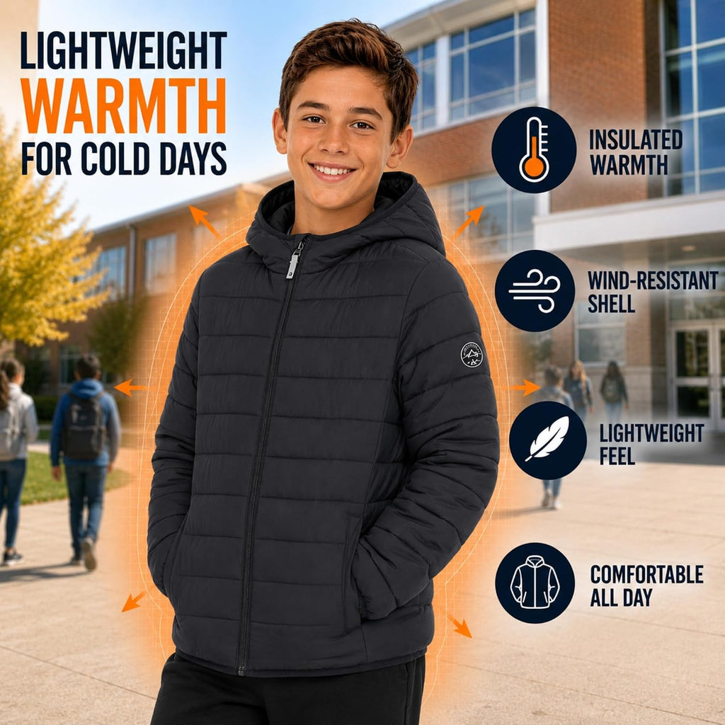 Packable Puffer Jackets for Boys, Hooded Boys Winter Coat Outerwear