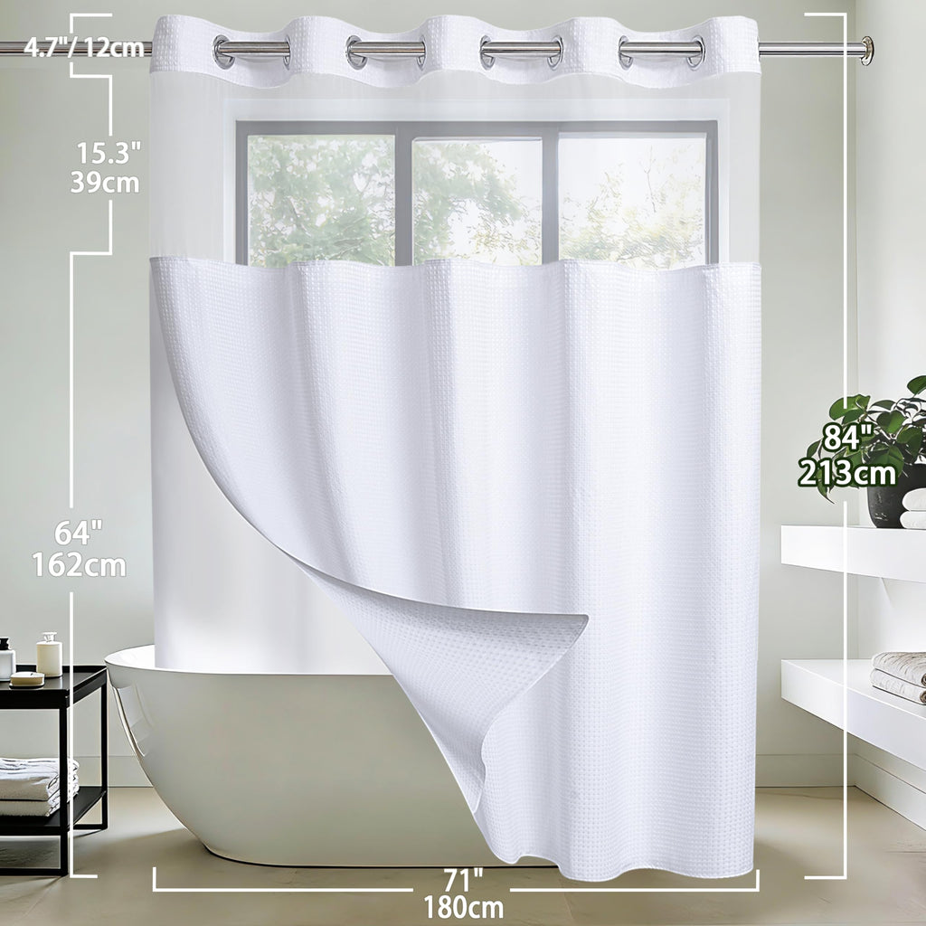 Extra Long No Hook Waffle Weave Shower Curtain with Snap in Liner Set, Hotel Luxury White Shower Curtains with See