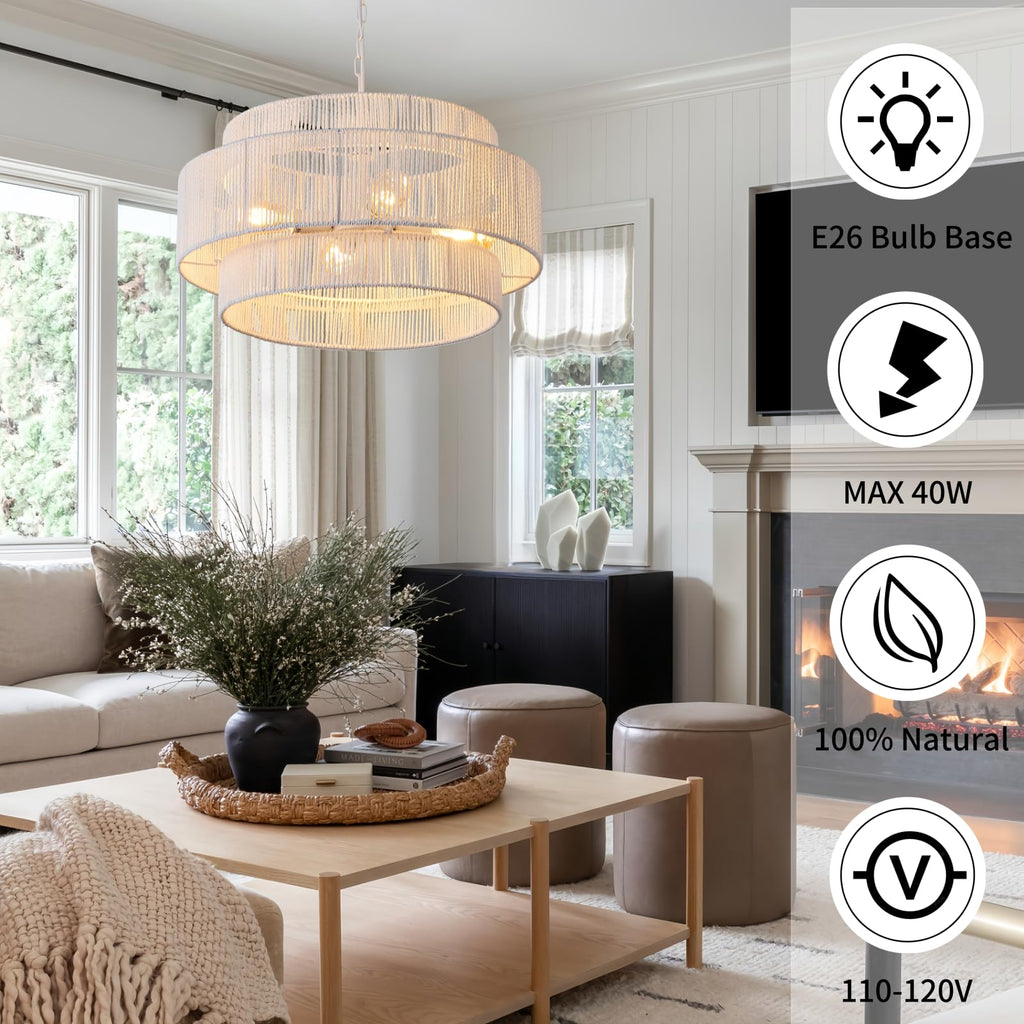 4-Light Large White Rattan Chandeliers, 22.8in Boho Coastal Pendant Lights