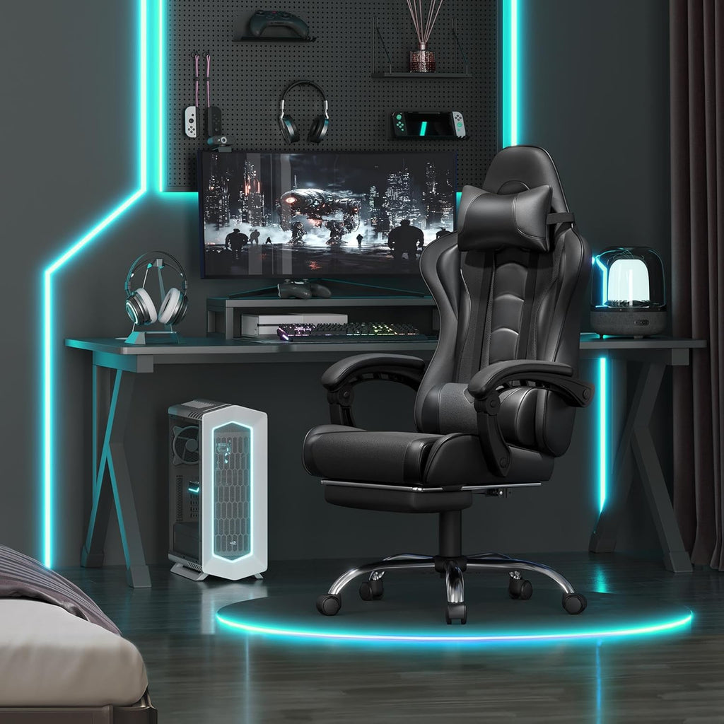 Gaming Chair with Footrest Massage Lumbar Pillow Reclining Black | Foam-padded PU leather racing seat and plush