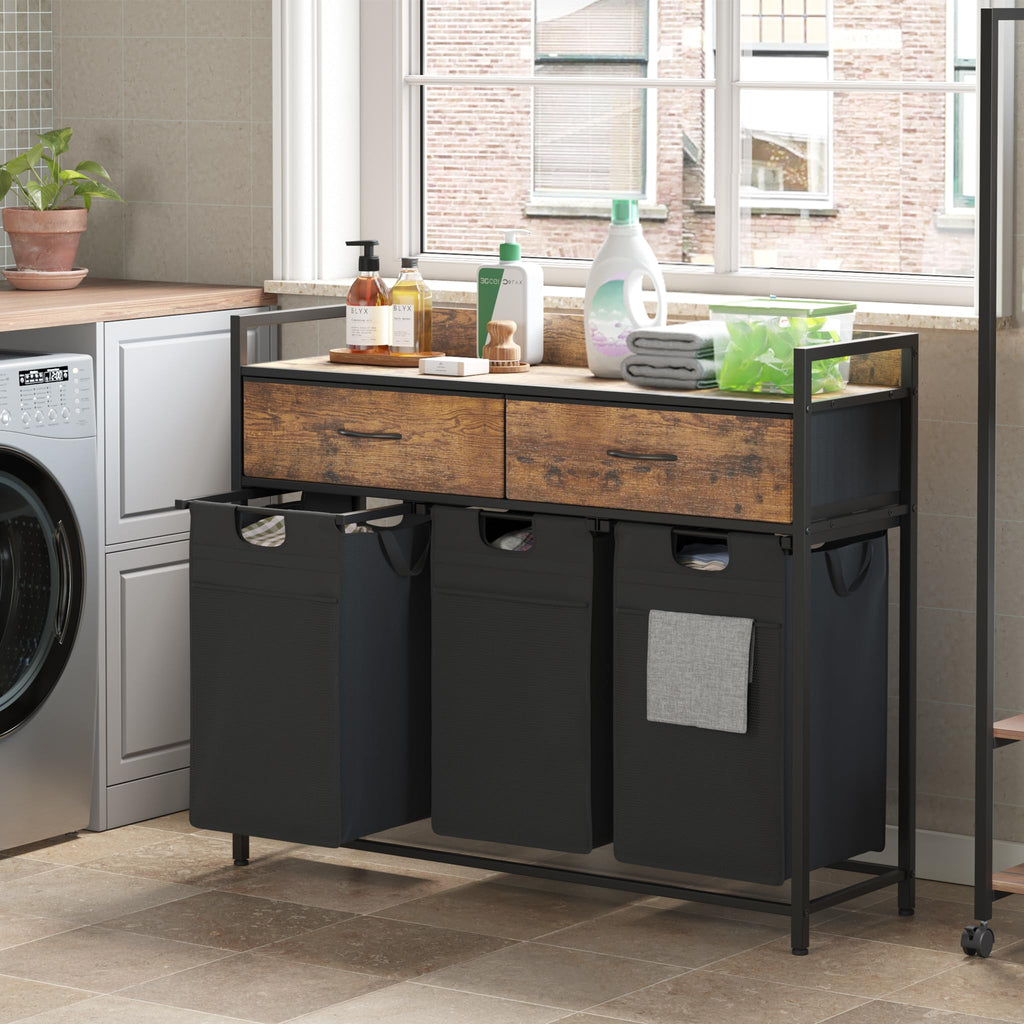 Laundry Sorter 3 Section with 3 Bags 4 Wheels 2 Drawers