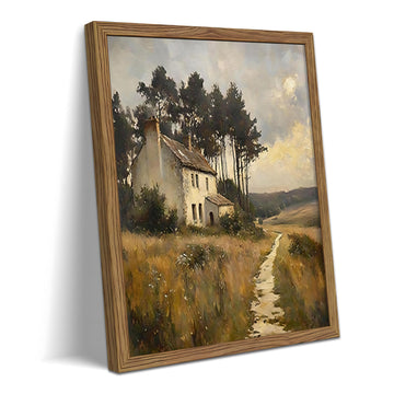 Vintage Cottage Landscape Wall Art Canvas, Rustic Country House Framed Poster, Farmhouse Nature Wall Decor Painting