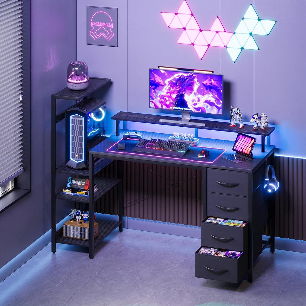 51in Gaming Computer Desk with Drawers & Power Outlet & LED Lights, Black | Gaming Table, Escritorio Gamer