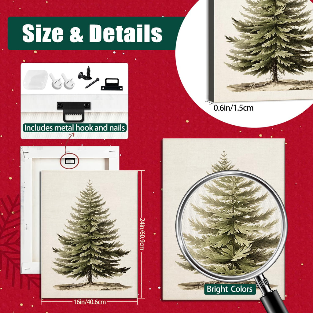 Vintage Christmas Tree Canvas Wall Art, Botanical Pine Tree Print Poster