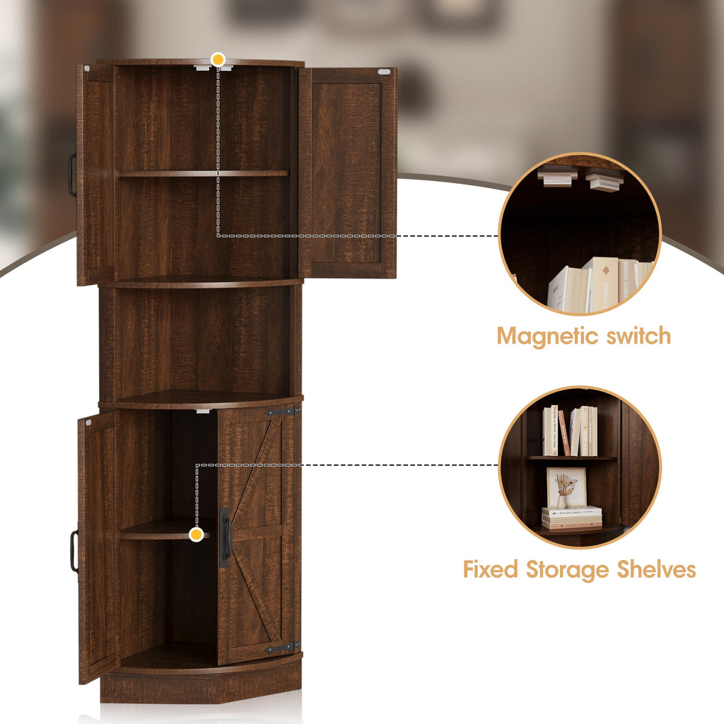 64.8" Tall Farmhouse Corner Cabinet with 4 Doors and 5 Storage Shelves, Farmhouse Storage Cabinet with Barn Door