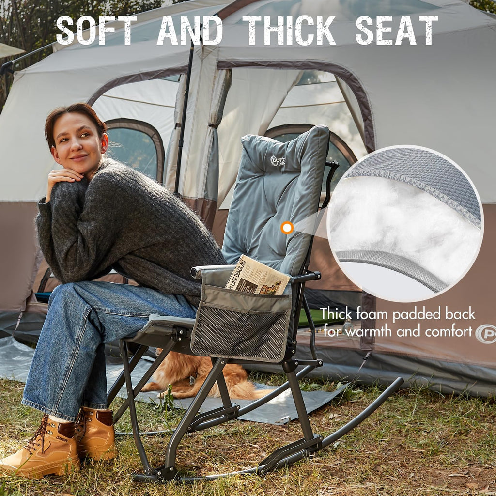 Oversized Padded Folding Rocking Camping Chair Outdoor 400 LBS Gray