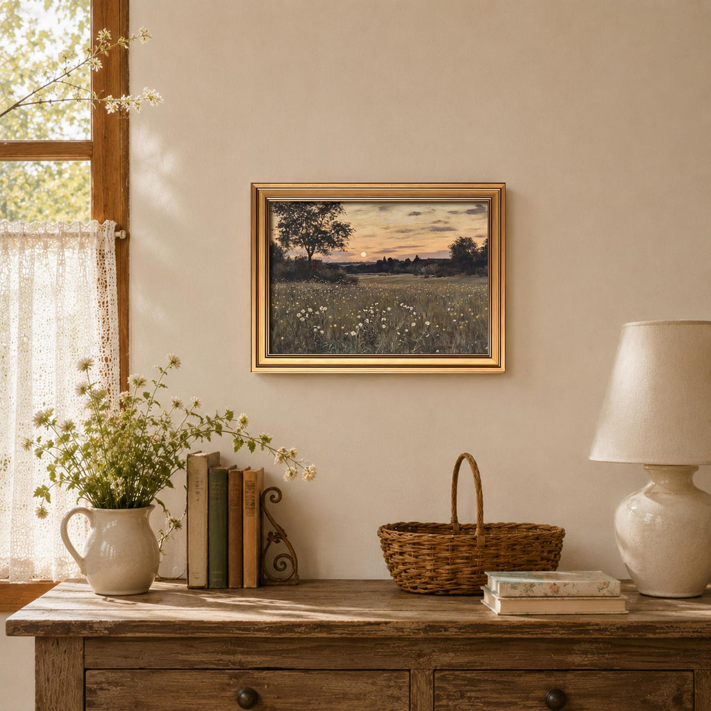 Gold Framed Vintage Landscape Canvas Wall Art, Rustic Wildflower Meadow Poster Painting Print Picture, Countryside