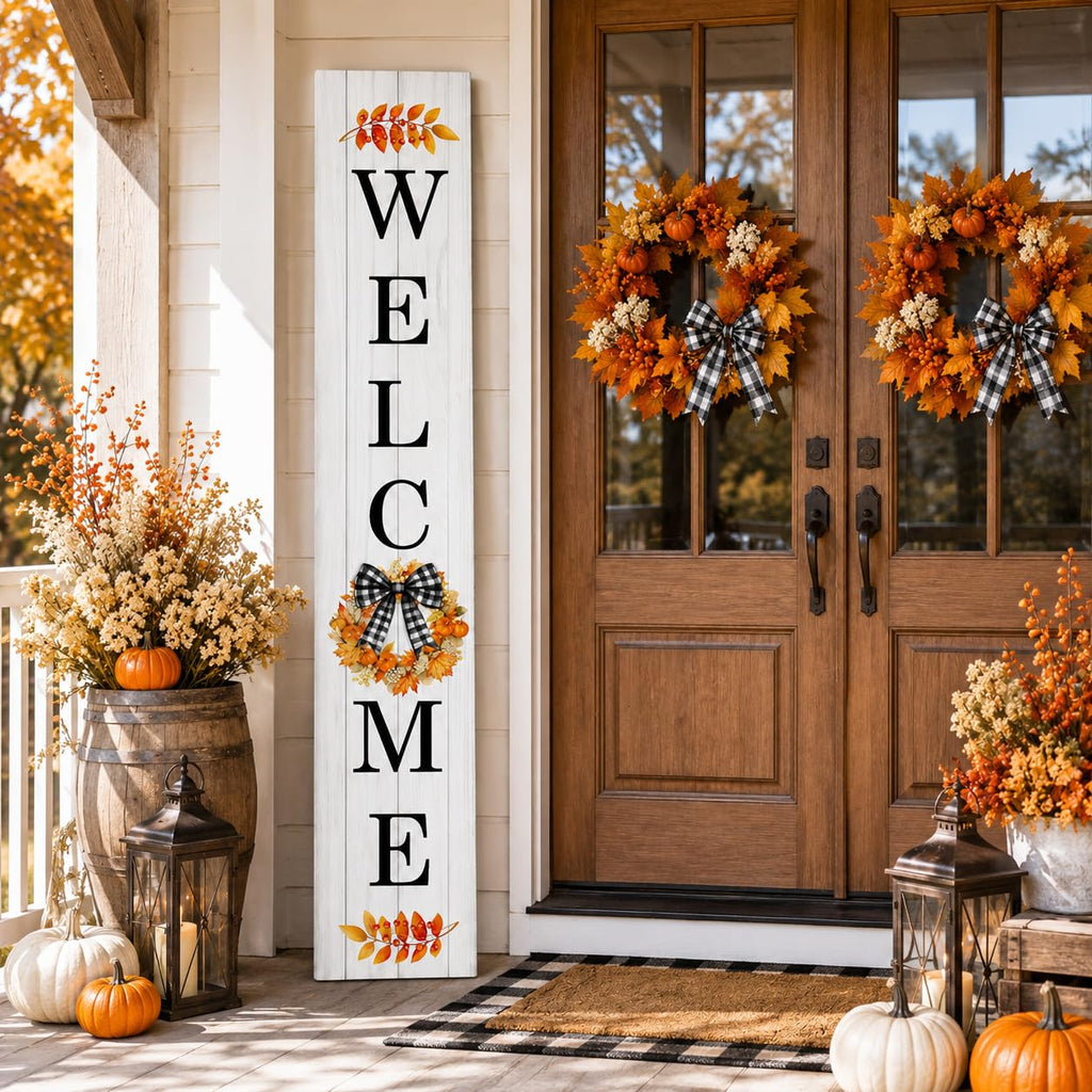 Fall Wreath Welcome Porch Sign, Buffalo Plaid Bow Signs for Front Porch, Fall Leaves Door Sign Yard, Pumpkins