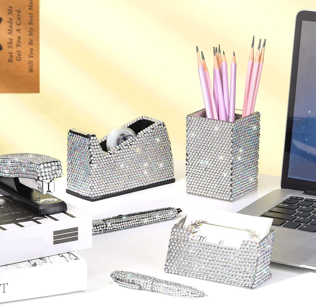 White 7 Pieces Bling Desk Accessories Set Glitter Crystal Office Stationery Kit for Women Diamond Tape Dispenser