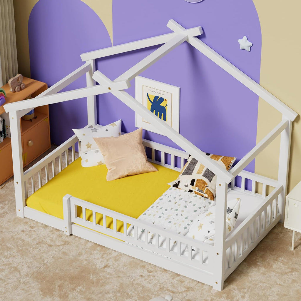 Tw Bed with Fence, Wooden Montessori Bed with Slats Support, Floor Bed Frame for Boys Girls Bedroom, White