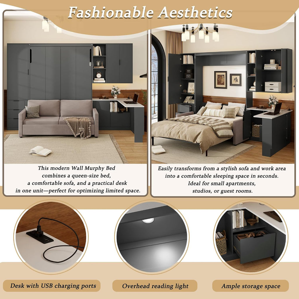 Queen Murphy Bed with Hydraulic System and L-Shaped Office Desk, Multifunctional Foldable Wall Bed Frame with Storage