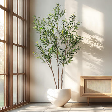 6FT Artificial Olive Tree Tall Faux Silk Plant Tall Faux Olive Tree with Natural Wood Trunk & Lifelike Fruits Fake