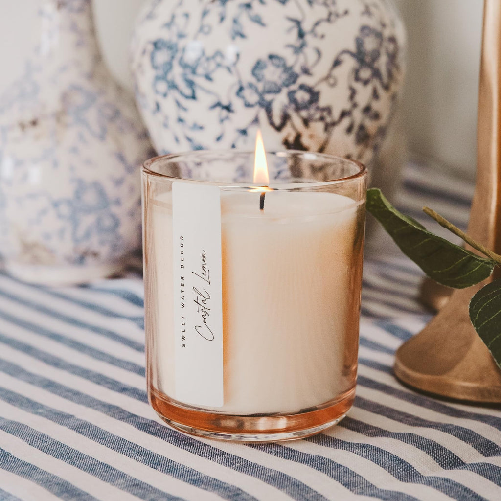 Coastal Lemon Scented Candles - Soy Candles with Lemon, Sea Salt, Jasmine & Driftwood - Summer Cozy Aroma - 50 Hour
