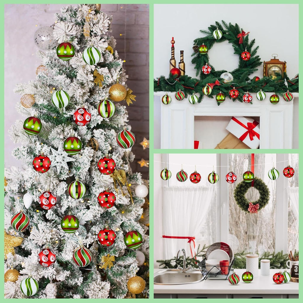 Christmas Ball Ornaments 2.36" Lime Green Red White,Stylish - Set of 30