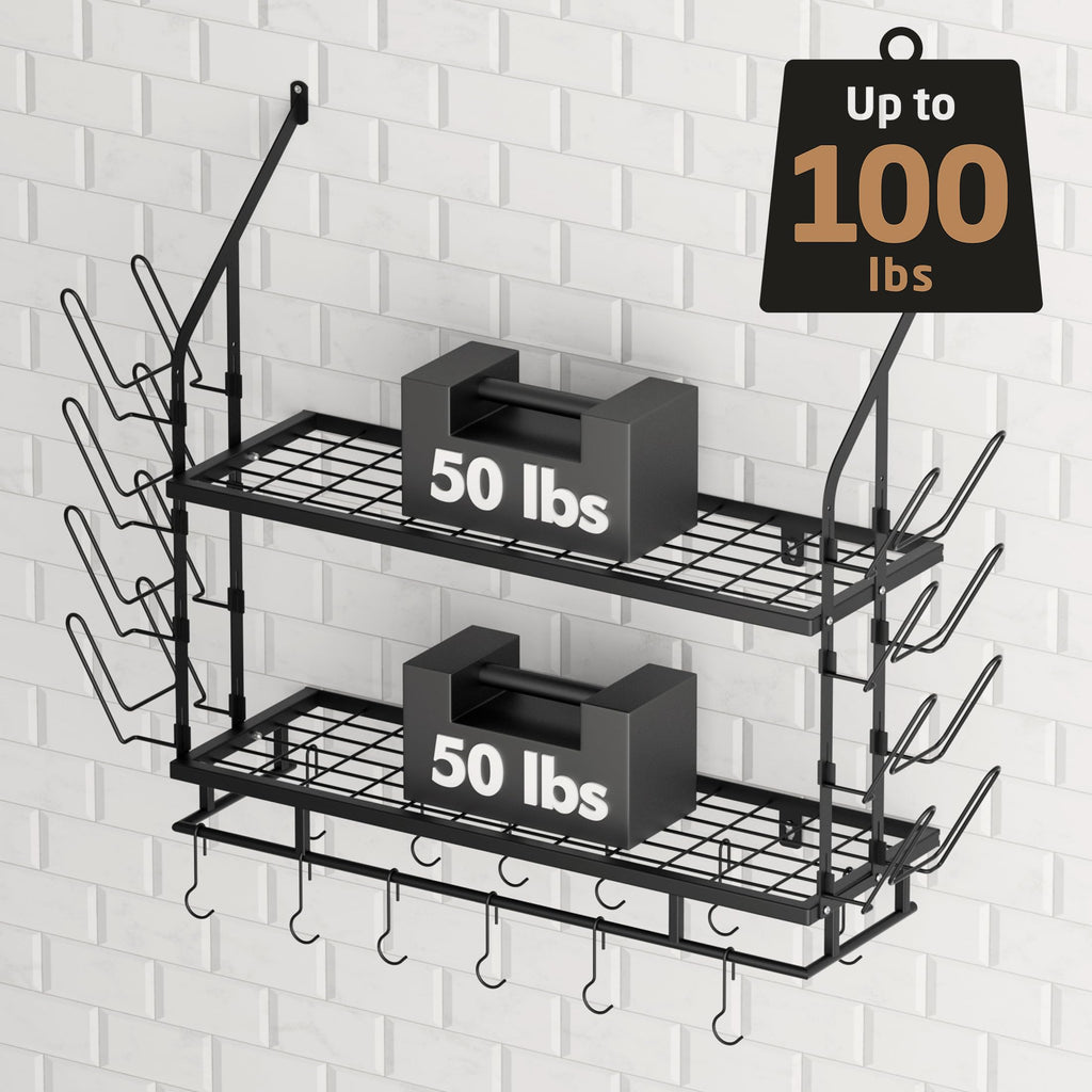 Pot Rack Wall Mounted, 8 Secure Lid Holders & 12 Sturdy Hooks