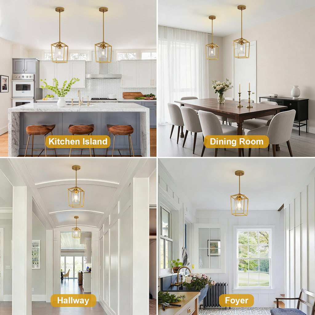 2 Pack Gold Pendant Lights Kitchen Island, Modern Farmhouse Kitchen Pendant Light Fixtures, Metal Cage Island Lights