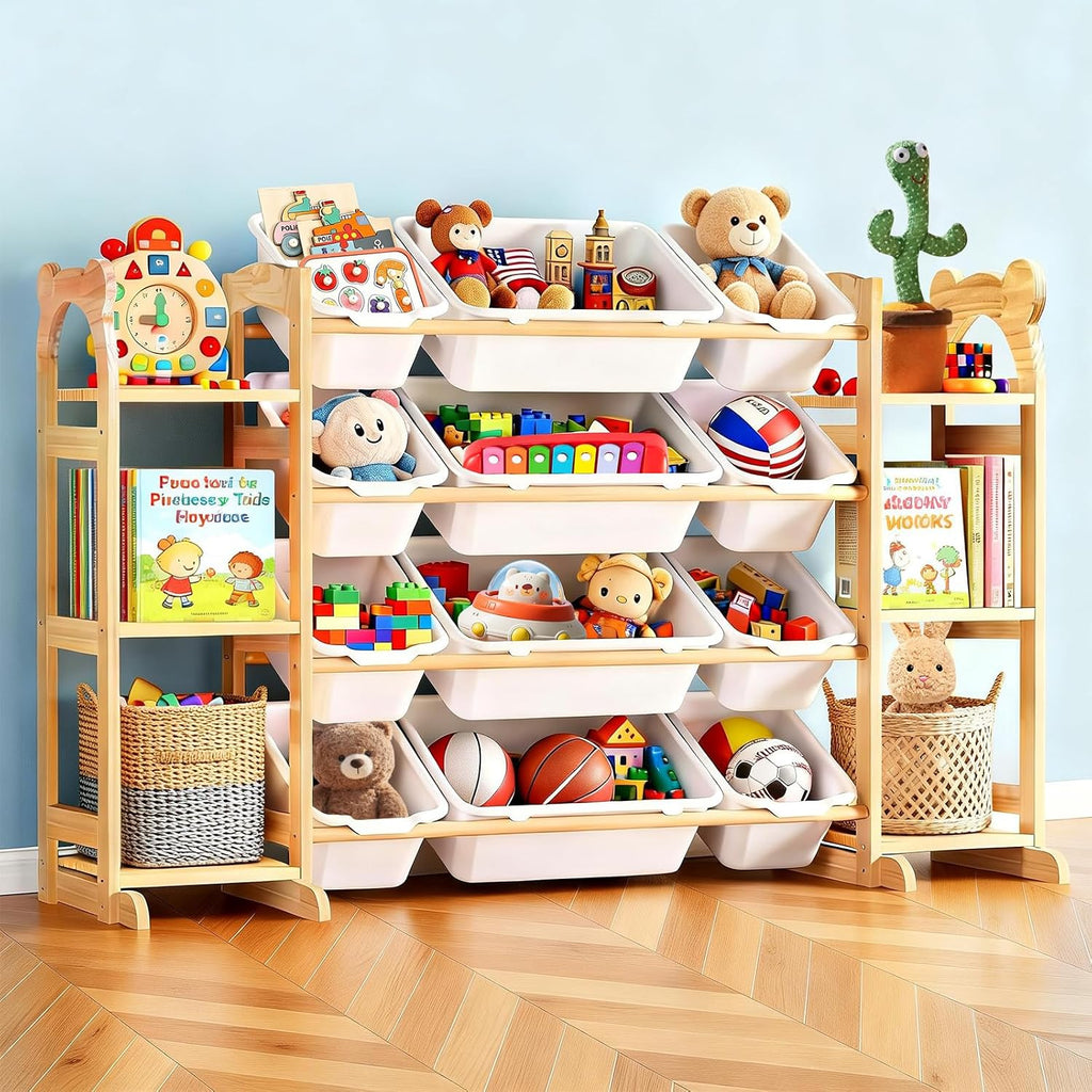 Toy Storage Organizer with 6 Shelves and 12 Bins, Toy Organizers and Storage Shelf with Bookshelf and Bookcase, Toys