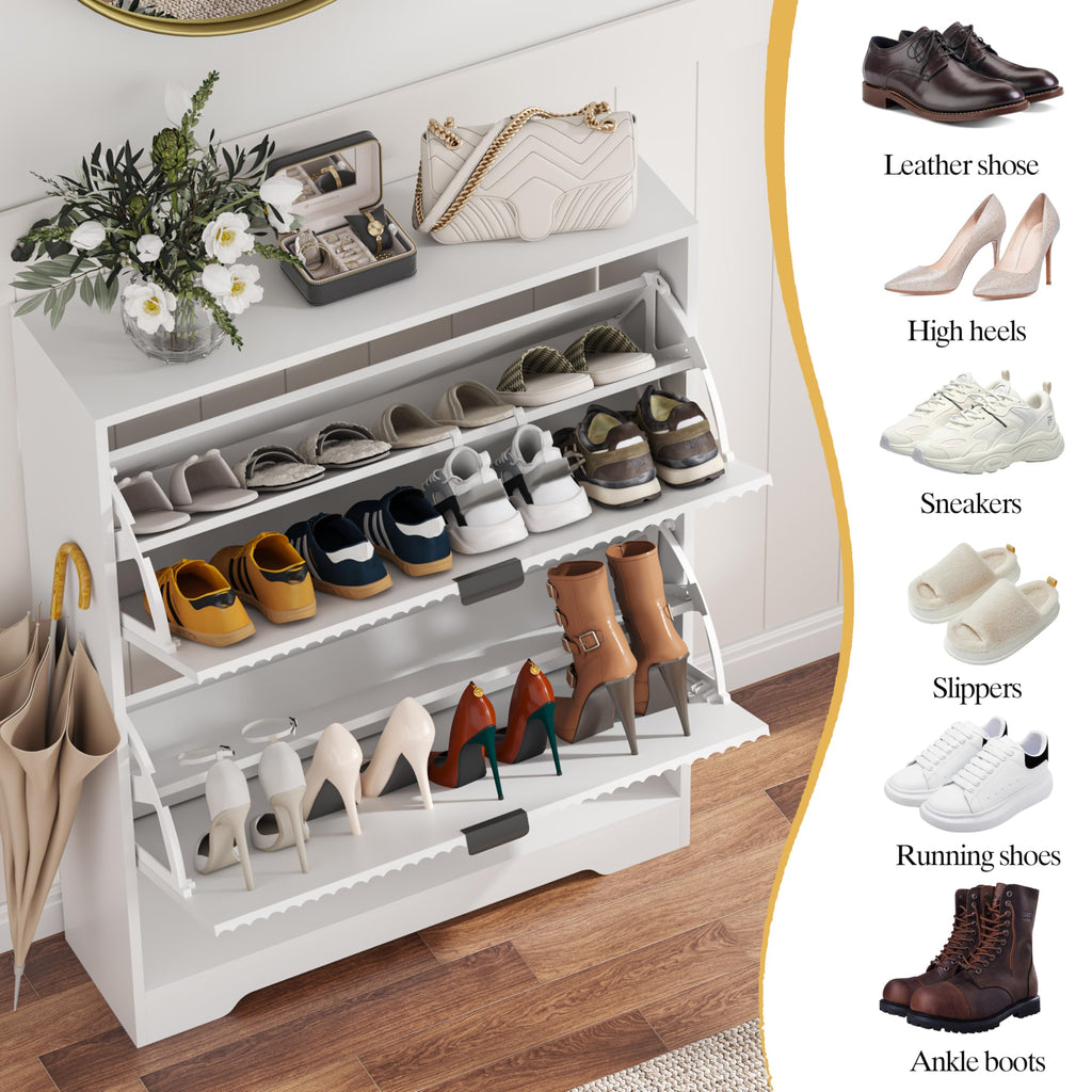 Shoe Cabinet Storage with 2 Flip Drawers, White Fluted Shoe Cabinet with Open Storage, Wooden Hidden Shoe Rack