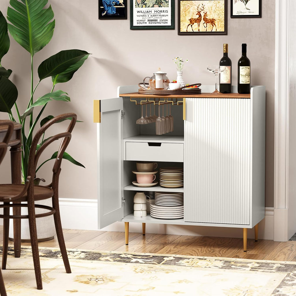 Wine Bar Cabinet with Fluted Texture, White | Modern Coffee Cabinet with Wine Rack&Glass Holder, Kitchen Buffet