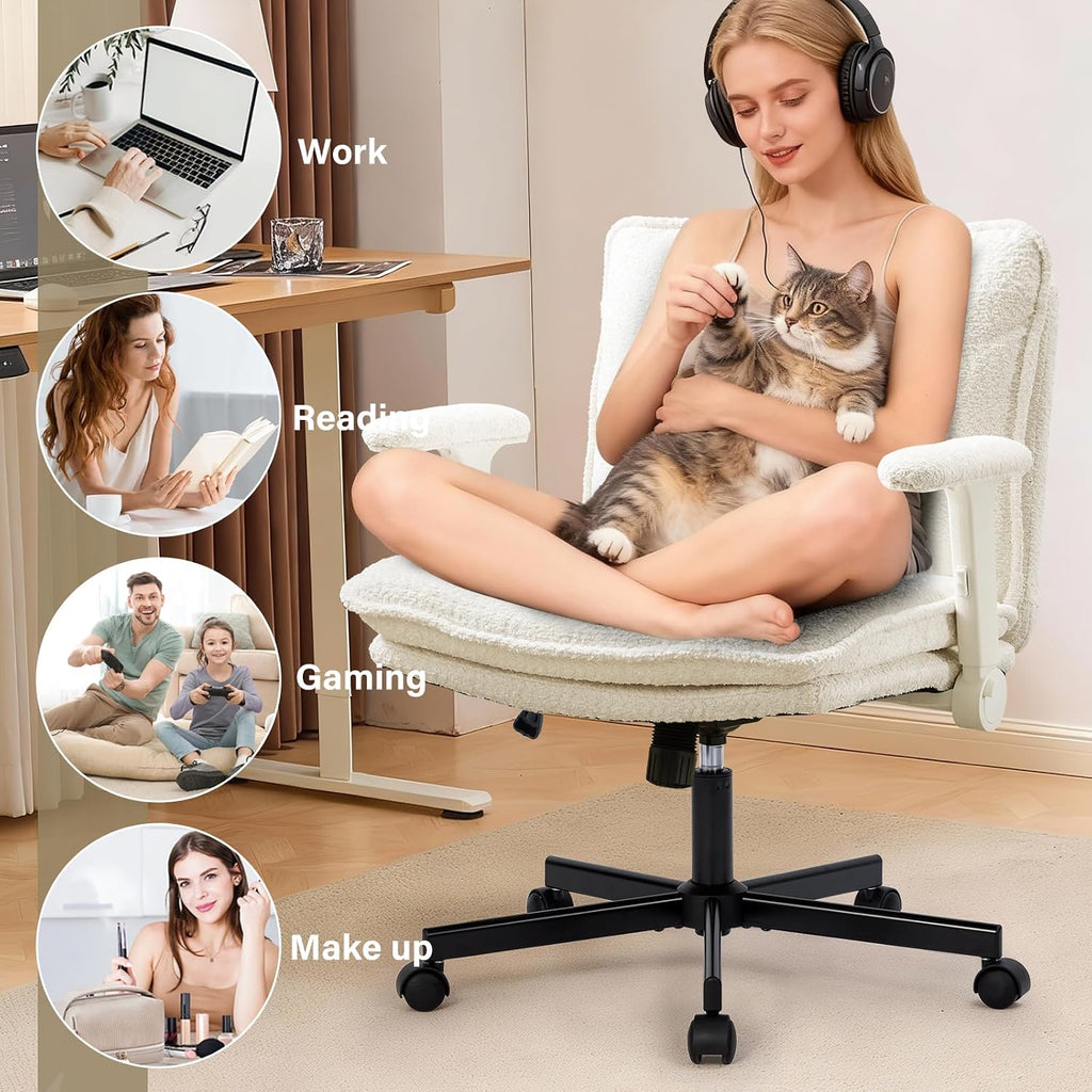 Criss Cross Legged with Wheels and Flip-Up Arms, Upholstered Criss Cross Desk Chair, Wide Seat Chairs for Home