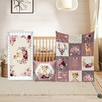 Baby Crib Bedding Set 3 Pcs - Patchwork Deer Crib Bedding Set for Girls - Floral Plaid Nursery Bed Sets Include Soft