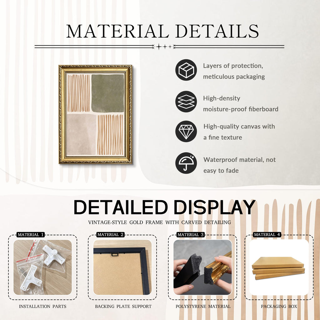 Gold Framed Modern Abstract Wall Art, Neutral Sage Green Geometric Picture Wall Decor, Beige Terracotta Canvas Print