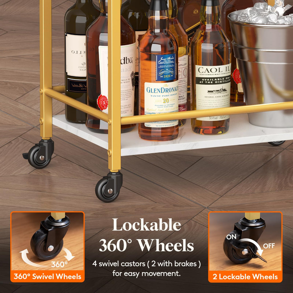 Mini 3 Tier Rolling Bar Cart with Lockable Wheels, Gold