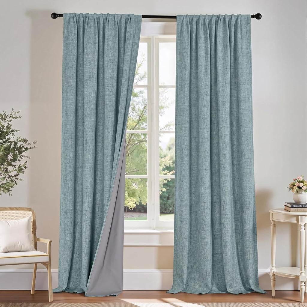 Linen 100% Blackout Curtains 96 inches Long for Bedroom Living Room Darkening Full Black Out Rod Pocket Back Tab