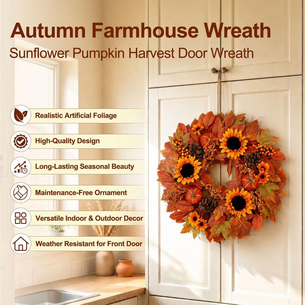 24" Fall Wreath for Front Door Outside Sunflower Autumn Wreath